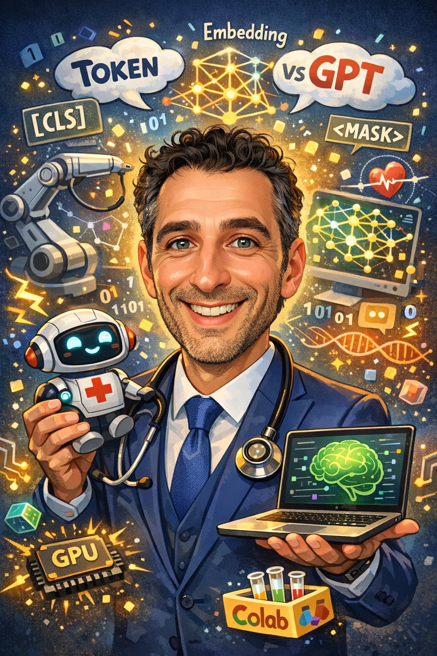 Illustrated portrait of Ozgur Caglayan surrounded by clinical NLP and healthcare AI motifs — tokens, embeddings, GPU, stethoscope robot